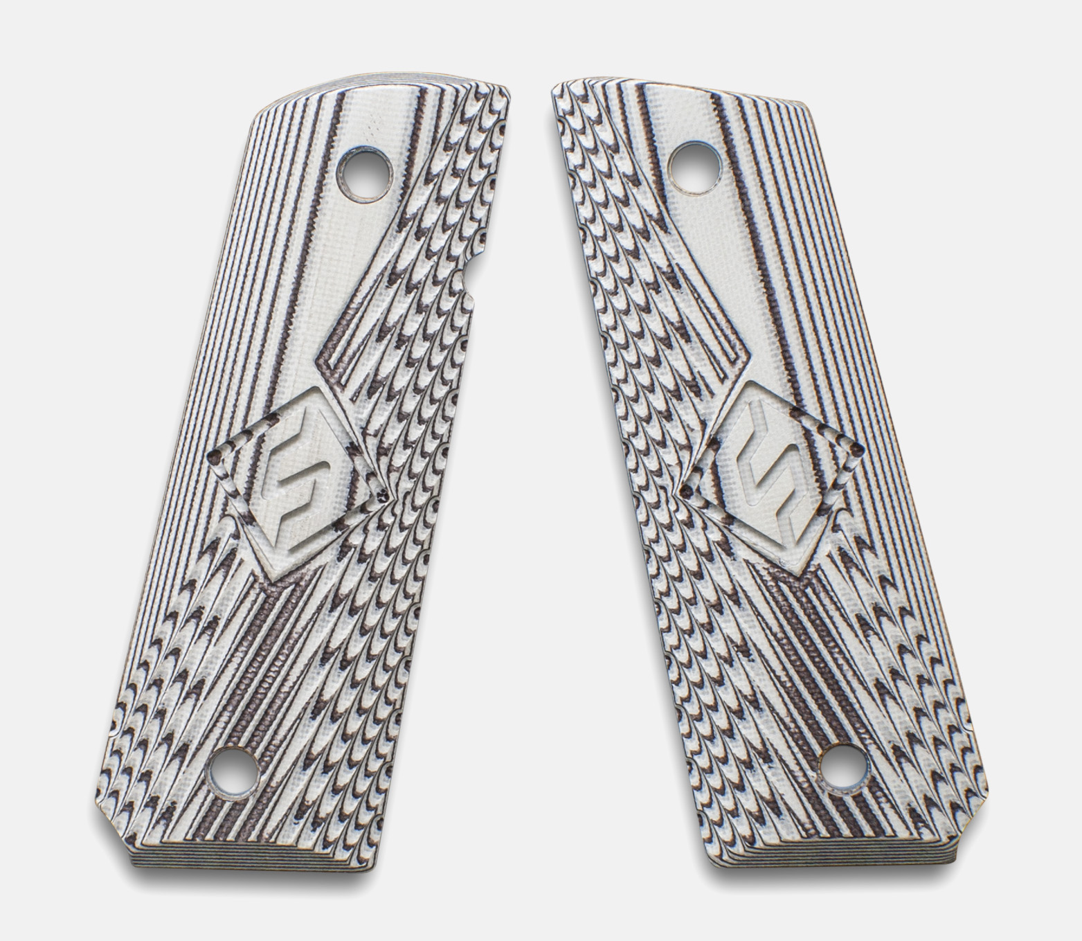 1911 Full Size Grips, G-10 White / Black, Ranger Cut with Fusion Logo, Beveled Bottom