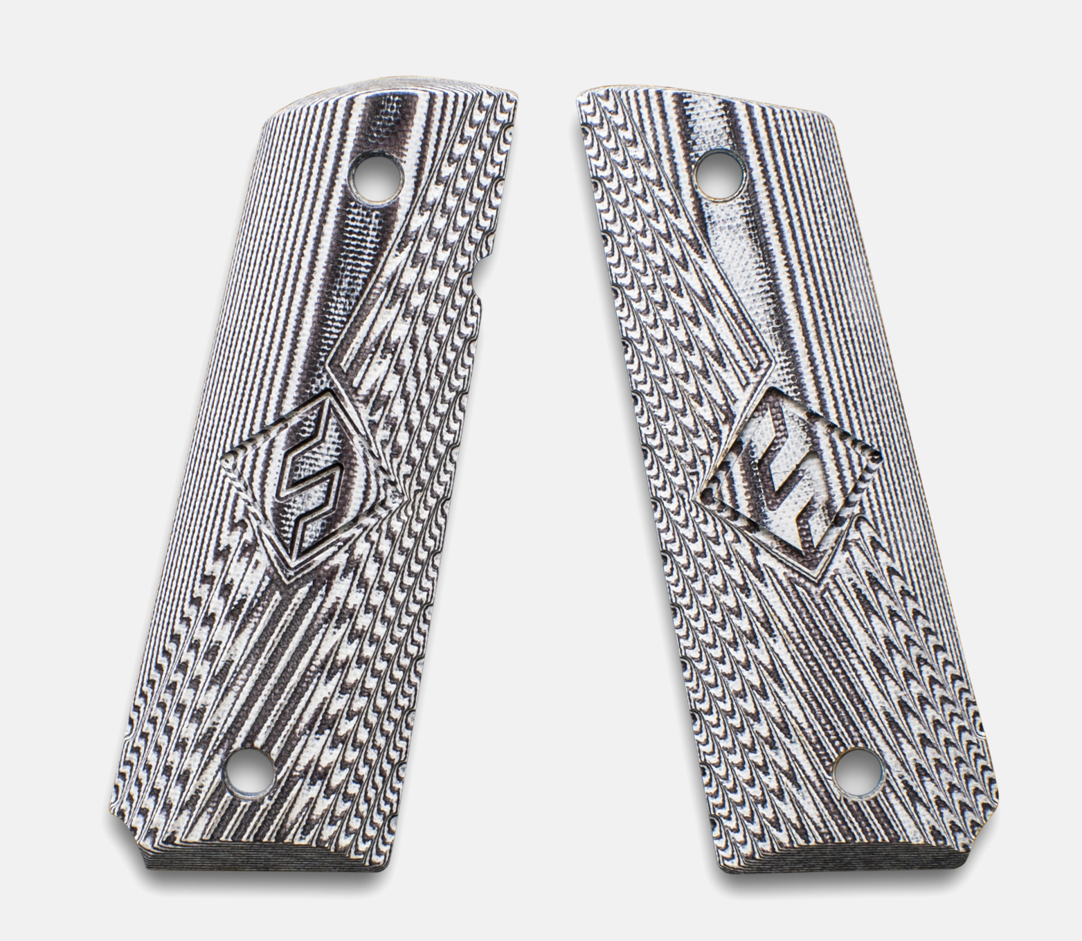 1911 Full Size Grips, G-10 White / Black, Ranger Cut with Fusion Logo, Beveled Bottom — image 2
