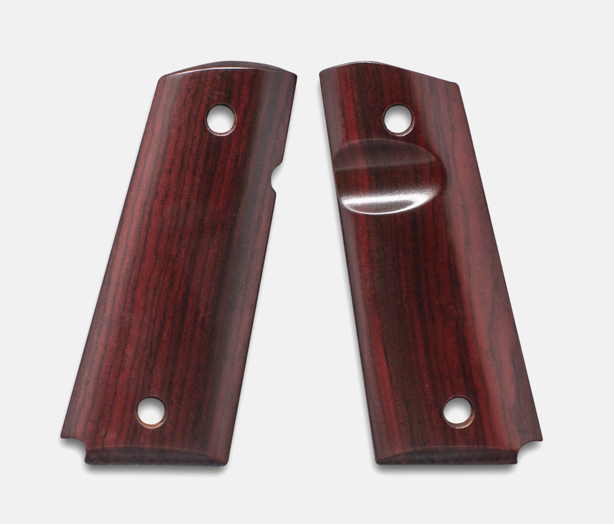 1911 Officer Grips, Red Cocobolo, Smooth, Beveled Bottom, Thumb Groove – Fusion Firearms