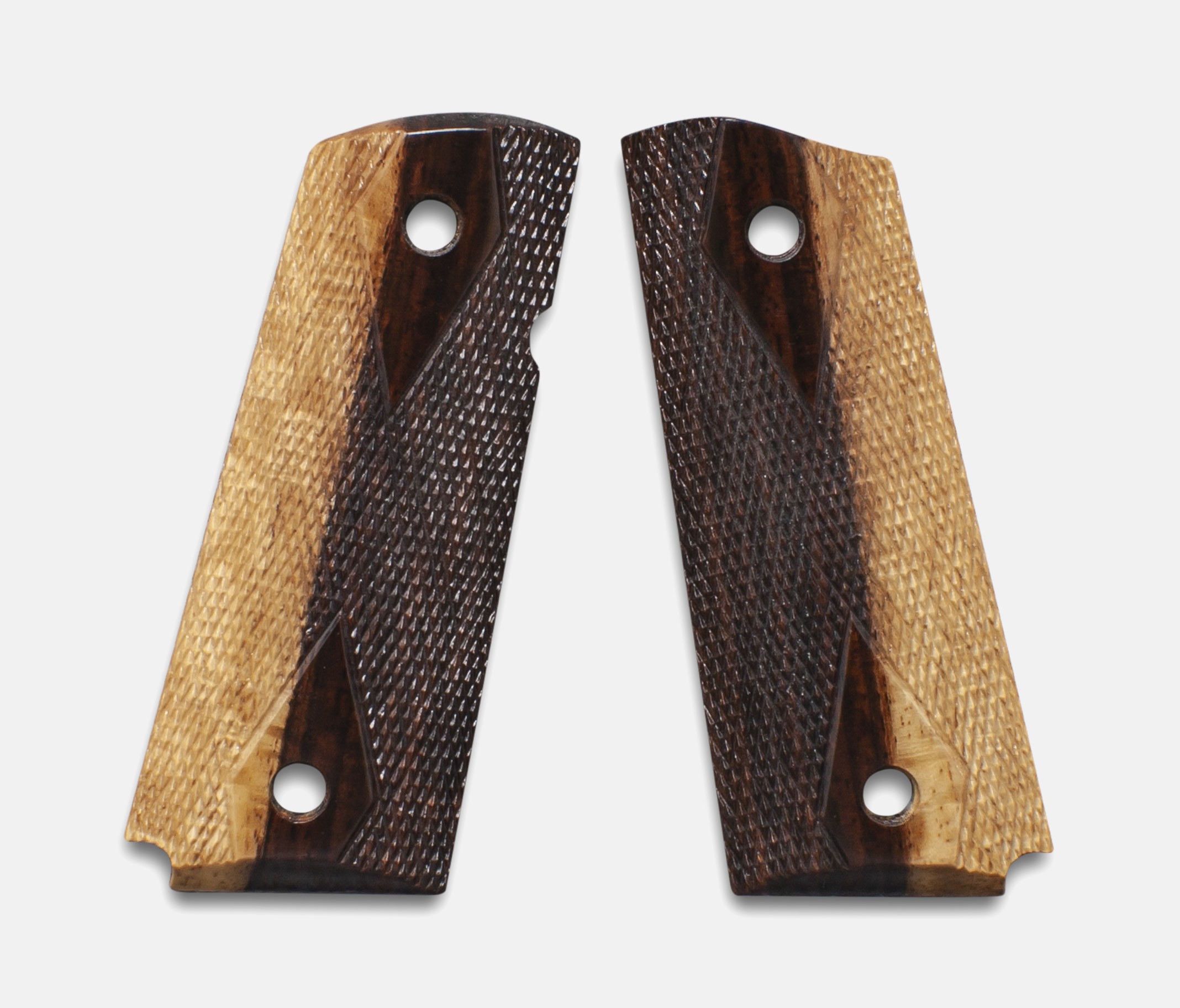1911 Officer Grips, 2-Tone Cocobolo, Double Diamond Checkered, Beveled Bottom – Fusion Firearms
