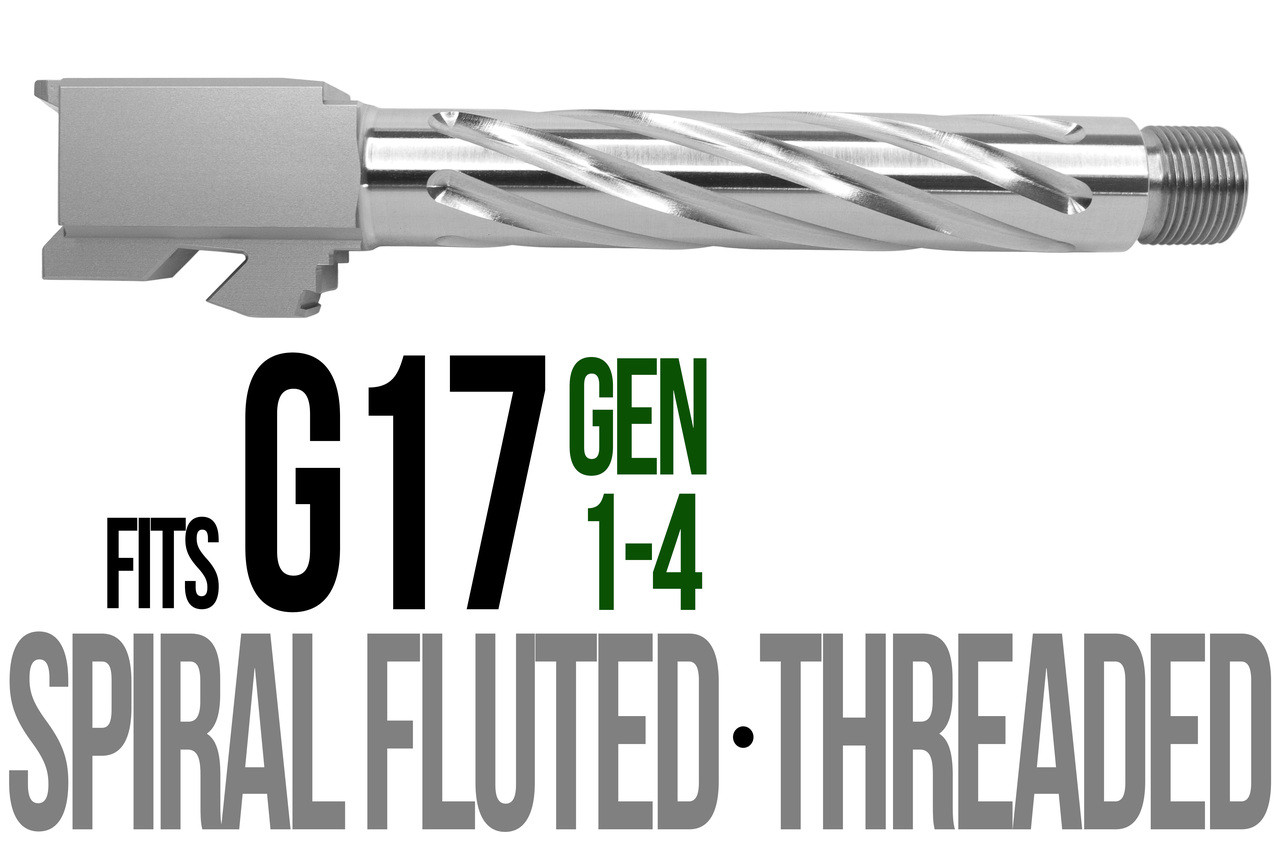 Combat Armory Barrel Fits Glock 17 9mm Match Thick Spiral Fluted Barrel Threaded in Naked Stainless Steel