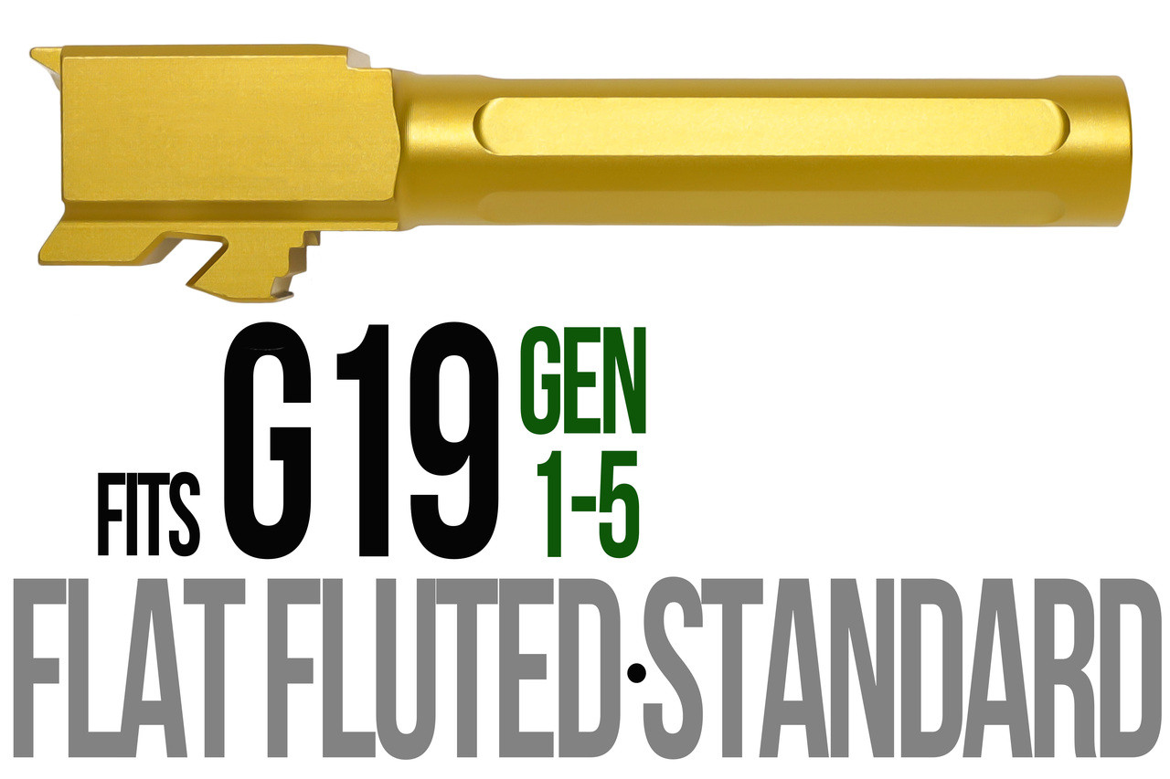 Combat Armory Barrel Fits Glock 19 9mm Match 5 Sided Flat Fluted Barrel in Gold
