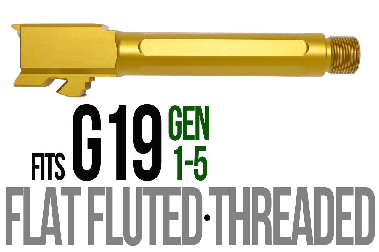 Combat Armory Barrel Fits Glock 19 9mm Match 5 Sided Flat Fluted Barrel Threaded in Gold