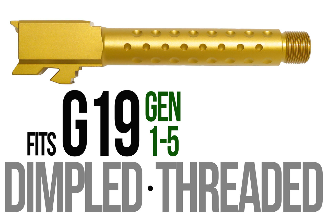 Combat Armory Barrel Fits Glock 19 9mm Match Golf Ball Dimpled Barrel Threaded in Gold
