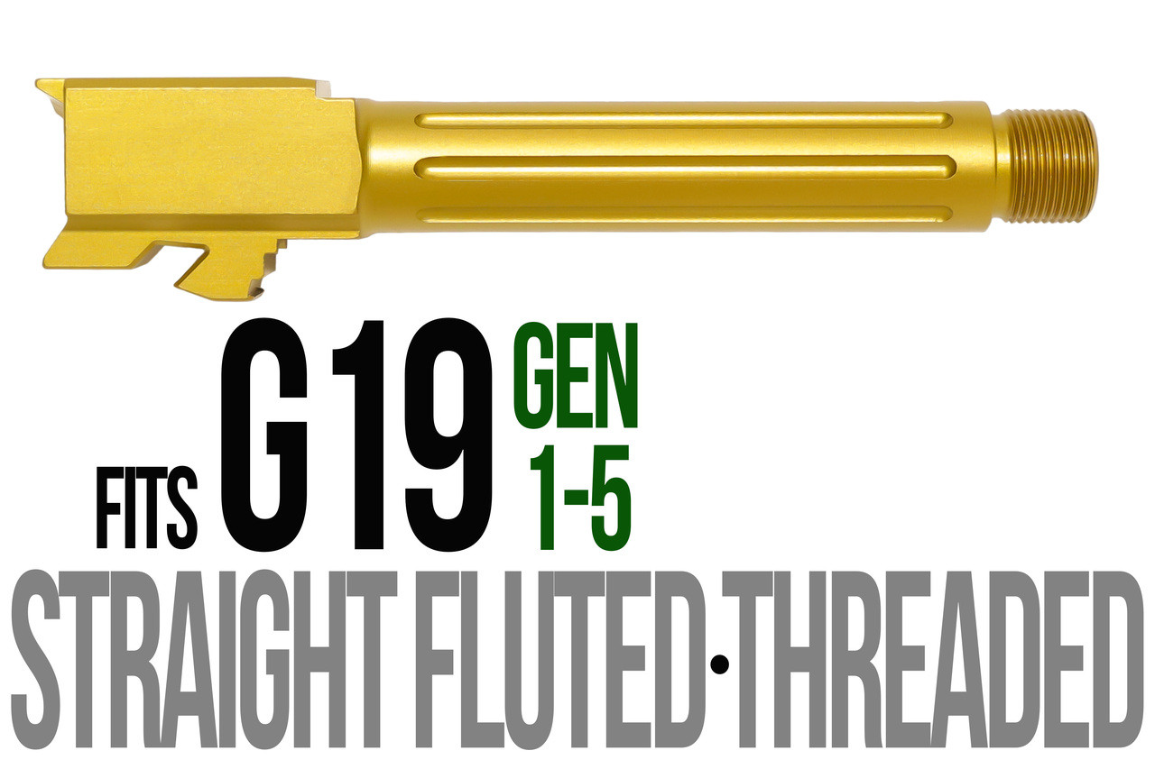 Combat Armory Barrel Fits Glock 19 9mm Match Straight Fluted Barrel Threaded in Gold