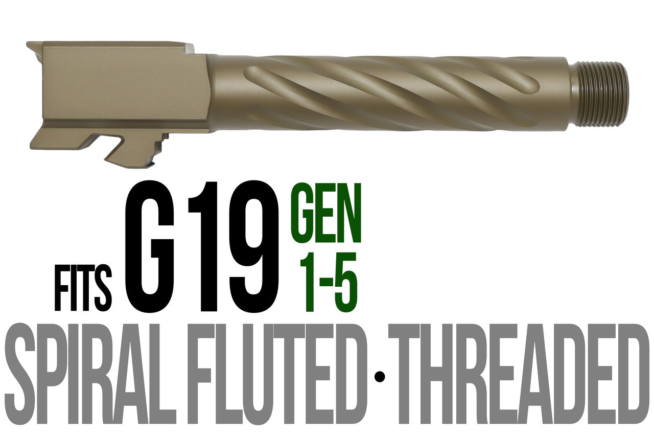 Combat Armory Barrel Fits Glock 19 9mm Match Thick Spiral Fluted Barrel Threaded in Dark Earth