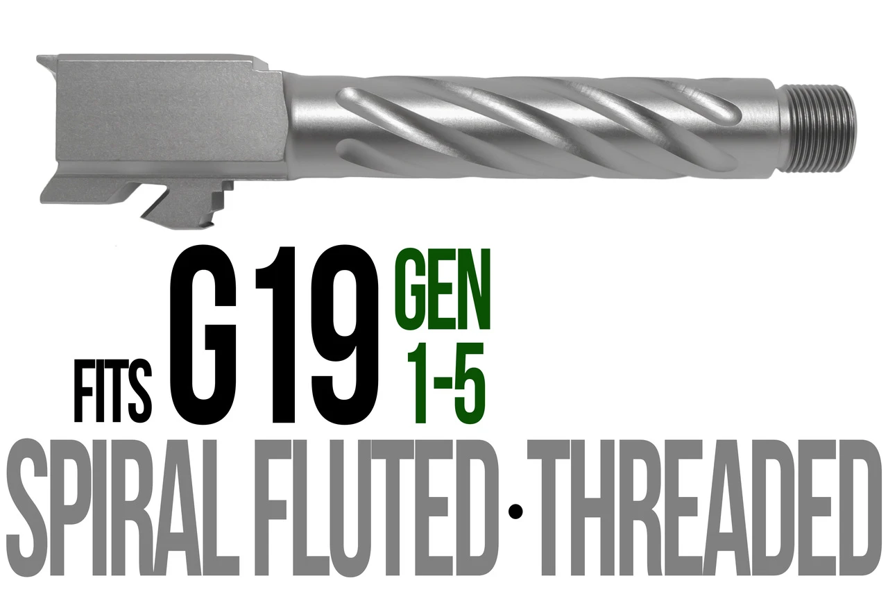 Combat Armory Barrel Fits Glock 19 9mm Match Thick Spiral Fluted Barrel Threaded in Flat Gray