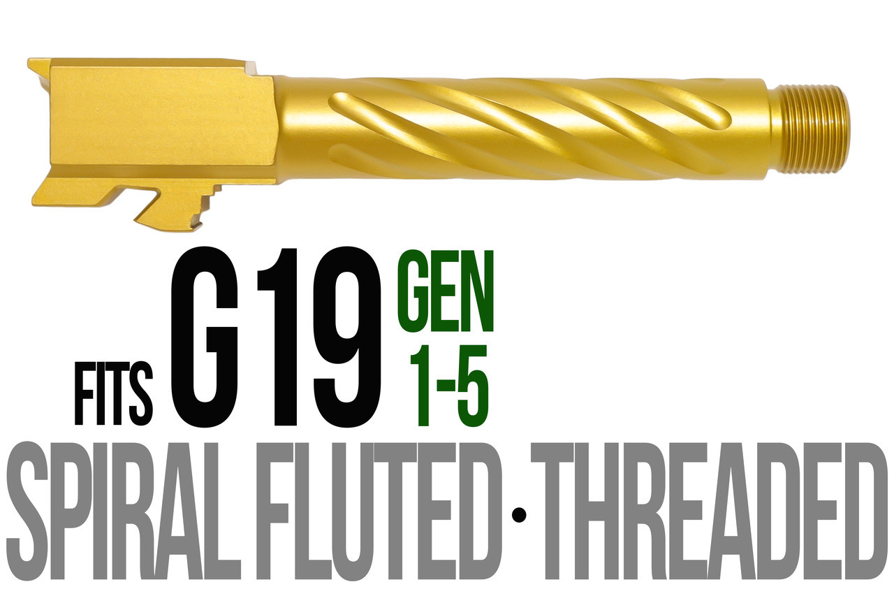 Combat Armory Barrel Fits Glock 19 9mm Match Thick Spiral Fluted Barrel Threaded in Gold