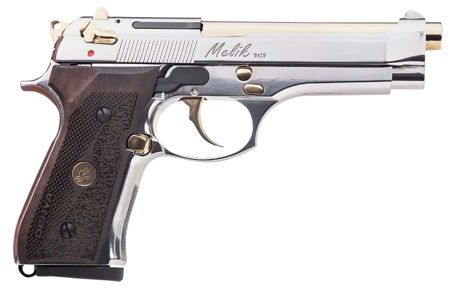 Derya Firearms 15L.MELIK9.NG.TR Melik 9mm Luger 15+1 4.90″ Gold TiN Steel Barrel, Black Melonite Serrated Steel Slide, Black Aluminum Frame, Black Polymer Grip