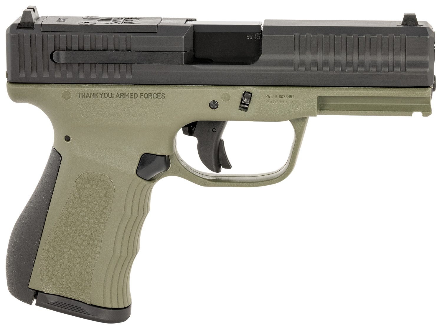 FMK FMKG49OD G3 9mm Luger 14+1 4″ Stainless Steel Barrel, Black Optic Cut/Serrated Carbon Steel Slide, OD Green Polymer Frame w/Picatinny Rail, Black Backstrap Grip