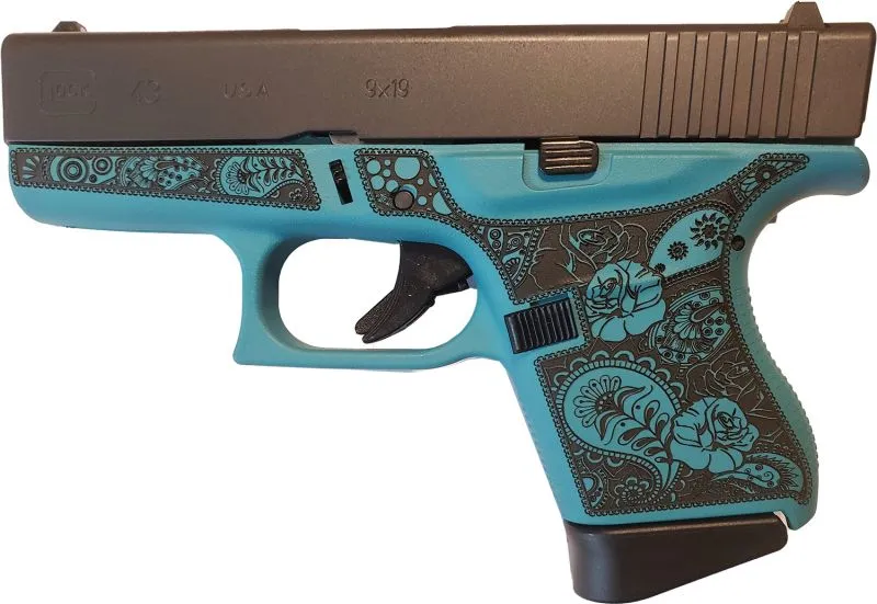 GLOCK 43 TIFFANY BLUE 9MM 3.4″ BARREL 6-ROUNDS ENGRAVED FRAME