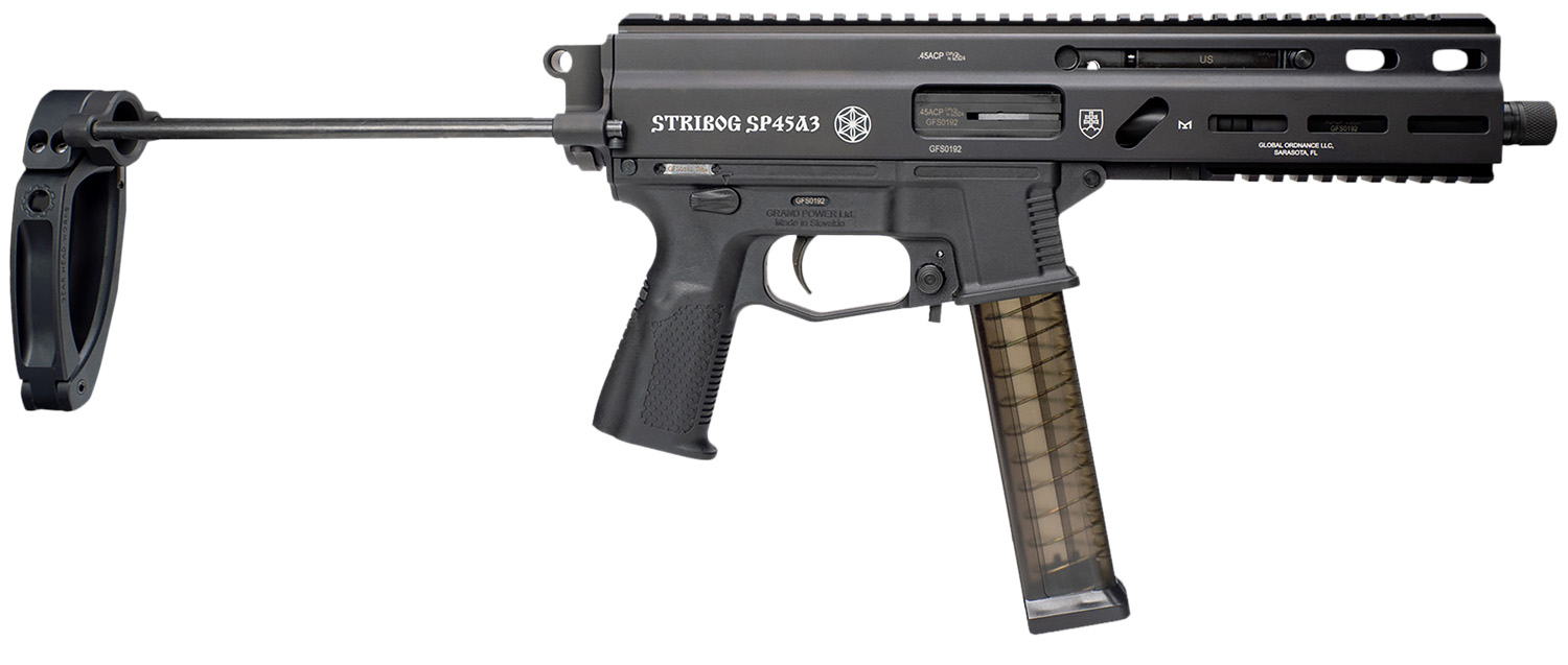 Grand Power 197892004831 SP45A3 Stribog 45 ACP 20+1 8″ Black Threaded Barrel, Black Aluminum Picatinny Rail Receiver, Black PDW Tailhook Brace, Black Polymer Grip, Thread Protector
