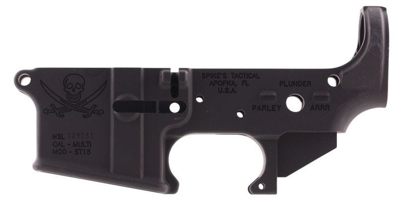 Spikes Tactical AR-15 Forged Stripped Lower Receiver Aluminum Jolly Roger Pirate Logo Black