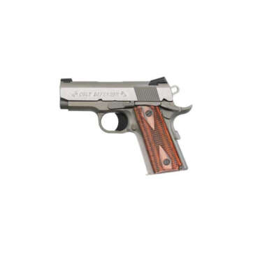 Colt Defender 45ACP, 3", Brushed Stainless, Fixed Sights, Slim Checkered Wood Grips, 7rd - Handsguns | American Guns & Ammo