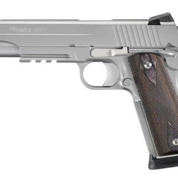 Sig 1911 45 ACP, 5" Barrel, Stainless Stainless Finish SAO Siglite Blackwood Grip (2) 8RD Steel MAG Rail MA Compliant - Handsguns | American Guns & Ammo