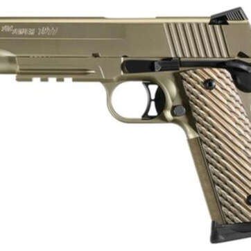 Sig 1911 45 ACP, 5" Barrel, Nickel NI PVD SAO Siglite Brown Vector Grip (2) 8RD Steel MAG Rail - Handsguns - American Guns & Ammo