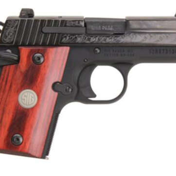 Sig P938 9MM 3IN Engraved Nitron Engraved Slide SAO Siglite Rosewood Medallion Grip (1) 6RD Steel MAG Ambi Safety - Handsguns | American Guns & Ammo