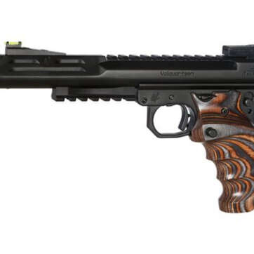 Volquartsen Scorpion .22 LR, 6" Barrel, Target 22 Frame, Hi-Viz Front & Target Rear, Brown/Gray Grips, Black Stainless - Handsguns | American Guns & Ammo