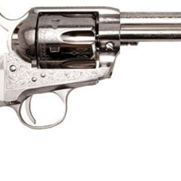 Cimarron S.A.A. Frontier Engraved .45 Long Colt5.5.5" Barrel Nickel Finish, Ivory Type Grips 6 Round - Handsguns | American Guns & Ammo