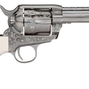 Taylors 1873 Outlaw Legacy Nickel Engraved 45 LC, 4.75" Barrel, Ivory Type Grips - Handsguns | American Guns & Ammo