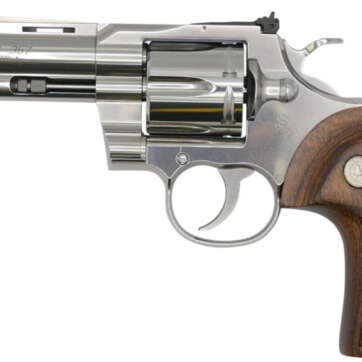 Colt Python 357 Magnum, 4.25" Barrel, Stainless Finish & Frame, Walnut Grips Red Ramp Front/Adjustable Rear 6rd - Handsguns | American Guns & Ammo
