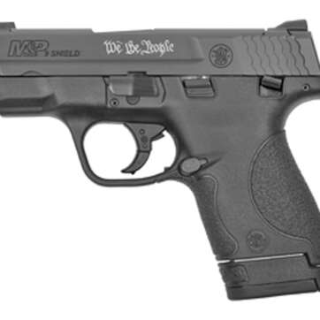 Smith & Wesson M&P Shield Compact 9mm, 3.1" Barrel, Black, "We The People" Laser Engraved Slide, Thumb Safety, 3 Dot, 7-8rd Mags - Handsguns | American Guns & Ammo