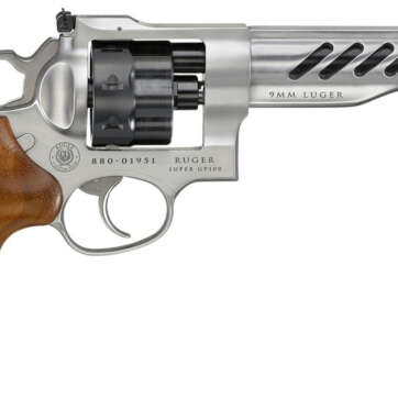Ruger Super GP100 Full Size 9mm, 6" Barrel, Stainless Steel, Hogue Wood Grips, 3 Moon Clips, Fiber Optic Front Sight, Adj Rear Sight, 8rd - Handsguns | American Guns & Ammo