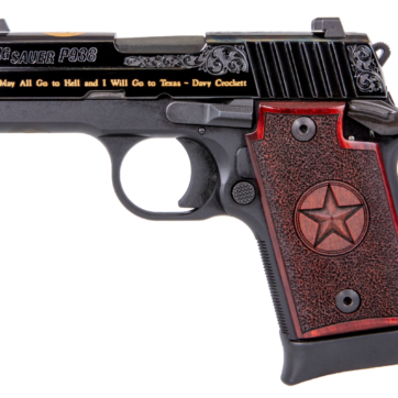 Sig P938 Texas Engraved Gold 9mm 3"Barrel, Black, Gold Engraving Slide, Black Frame, Redwood Grip, 6rd-7rd Mags - Handsguns | American Guns & Ammo