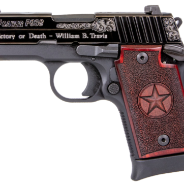 Sig P938 Texas Engraved Silver 9mm 3"Barrel, Black, Silver Engraving Slide, Stainless, Redwood Grip, 6rd-7rd Mags - Handsguns | American Guns & Ammo