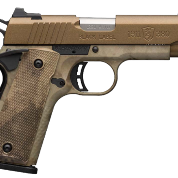 Browning, 1911-380, Black Label Speed, Semi-automatic, Full Size, 380 ACP, 4.25" Barrel, Burnt Bronze Color, Cerakote Finish, Polymer Frame, Right Hand, A-TACS AU Camo Composite Grips, Ambidextrous Thumb Safety, White 3 Dot Sights, 8Rd - Handsguns | American Guns & Ammo