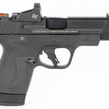 Smith & Wesson, Shield Plus, Performance Center, Includes Crimson Trace Red Dot, Striker Fired, Micro Compact, 9mm, 4" Barrel, Optics Ready, Polymer Frame, No Thumb Safety, Fiber Optic Sights, Flat Face Trigger, 2 Mags, 1-10Rd 1-13Rd, Black - Handsguns | American Guns & Ammo