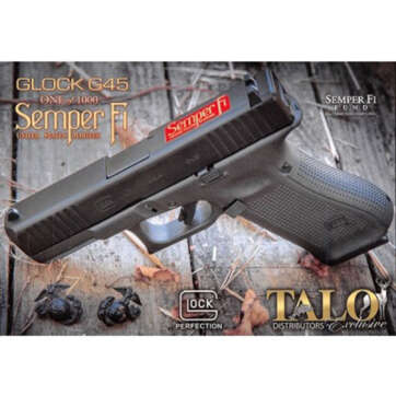 Glock G45 Semper Fi Limited Edition Gen 5 MOS, 9mm, 4" Jewelled Barrel, 10rd, Specially Polished Bright Blue w/ 24kt Gold Script, TALO - Handsguns - American Guns & Ammo