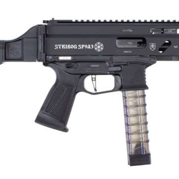 Grand Power Stribog SP9A3 9mm, 8" Barrel, Flip-Up Sights, SB Folding Brace, Black, 30rd - Handsguns | American Guns & Ammo