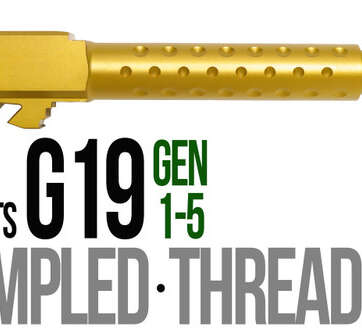 Fits Glock 19 9mm Match 5 Sided Flat Fluted Barrel Threaded in Gold Fits Glock 19 9mm Match 5 Sided Flat Fluted Barrel Threaded in Gold - Glock Barrels - American Guns & Ammo