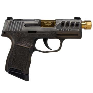 Sig Sauer P365 “Gold Bug” Handgun 9mm luger 10rd Magazines(2) 3.7″ Threaded Gold Barrel Tactical Cut Distressed Grey Slide/Brown Grip Octagon Stippling - Semi Auto Handguns | American Guns & Ammo